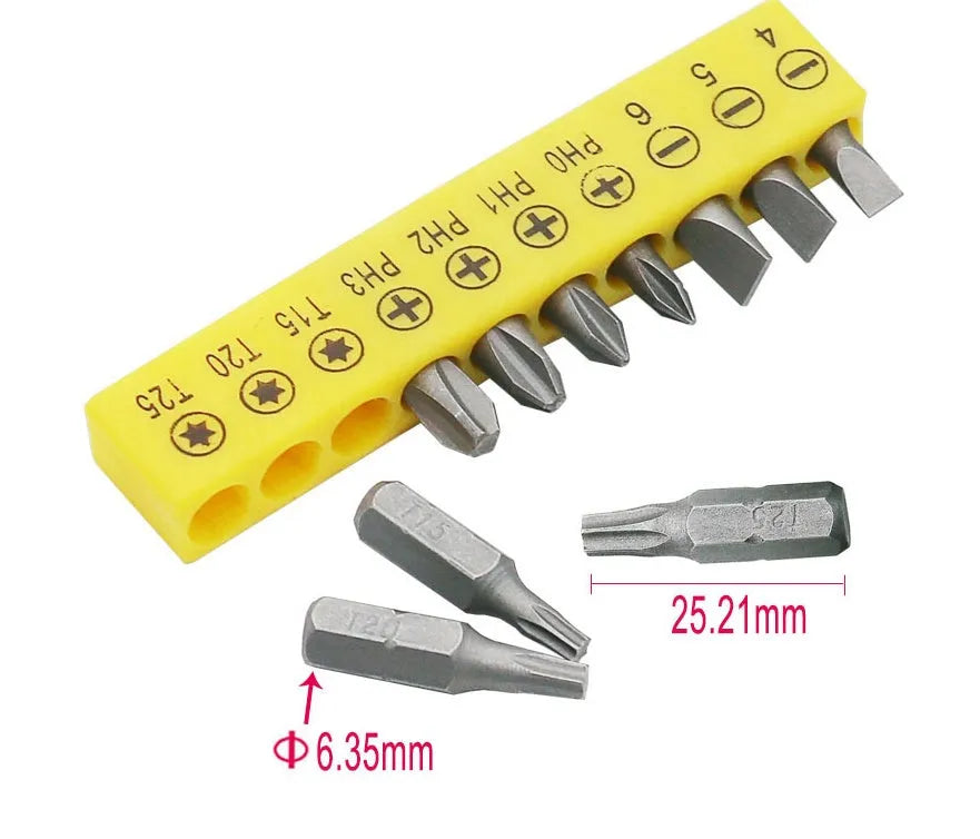 L-shaped double-headed socket wrench with ten screwdriver bits on steel background