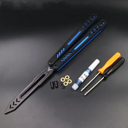 Unbladed butterfly knife trainer with aluminium handle and black G10 non-slip patches