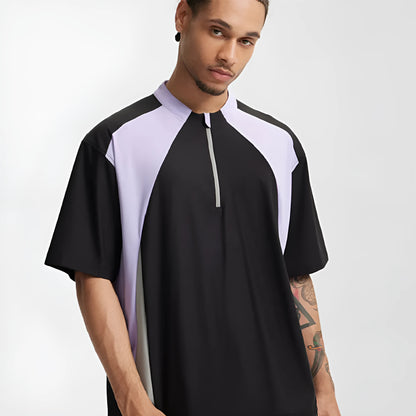 Men's solid colour polyester top with stitching detail, shown in black and beige with both long and short sleeve options