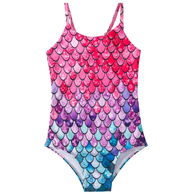Children's mermaid one-piece swimsuit for girls in high elasticity polyester briefs style, available in sizes 100cm, 110cm, 120cm, 130cm, 140cm, and 150cm with nine colour options including YY182, YY183, YY184, YY185, YY186, YY188, YY189, YY204, and YY283