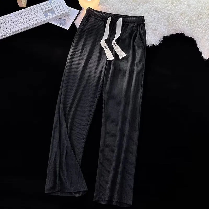 Men's cotton casual trousers with ice silk thread in loose straight cut, white or black colour options