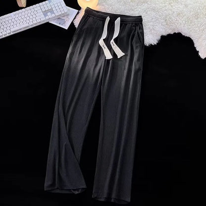 Men's cotton casual trousers with ice silk thread in loose straight cut, white or black colour options