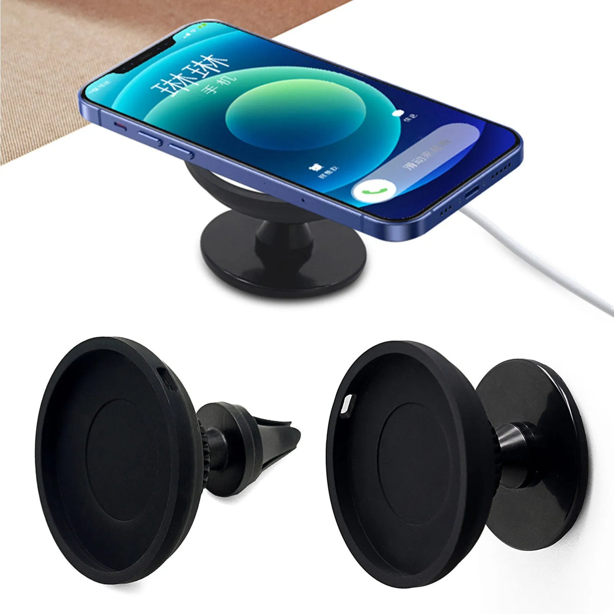 Black plastic car magnetic mobile phone holder showing air vent and base bracket mounting options