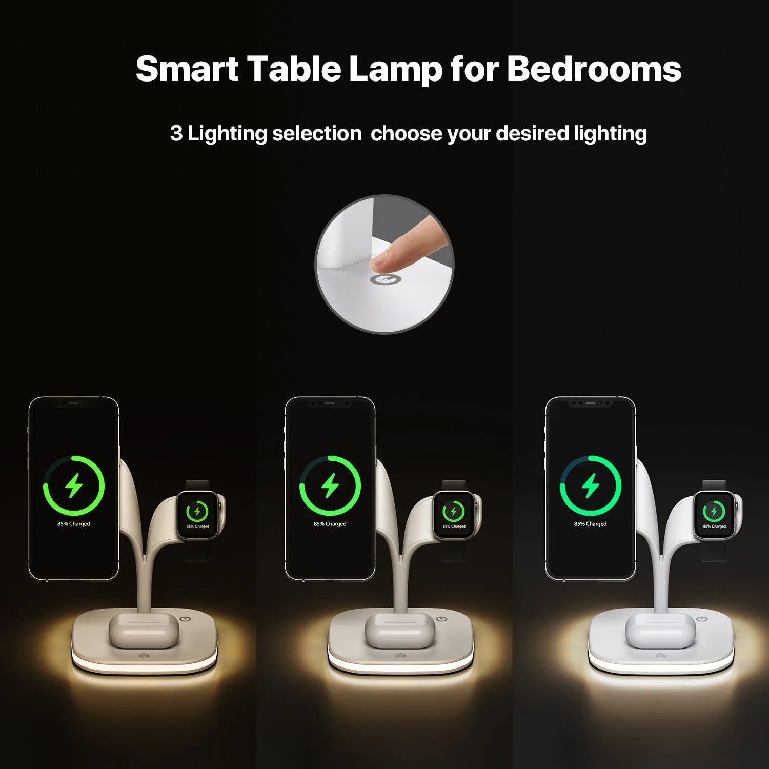 Black 3-in-1 wireless charging stand with phone, smartwatch, and headphones placed on its charging pads