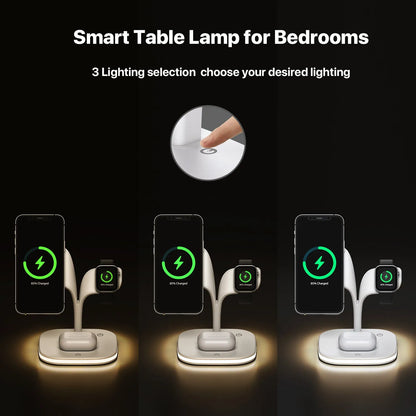 Black 3-in-1 wireless charging stand with phone, smartwatch, and headphones placed on its charging pads