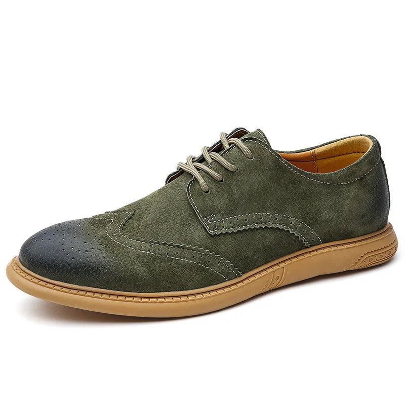 Men's black leather lace-up business shoes with a low top and rubber sole.