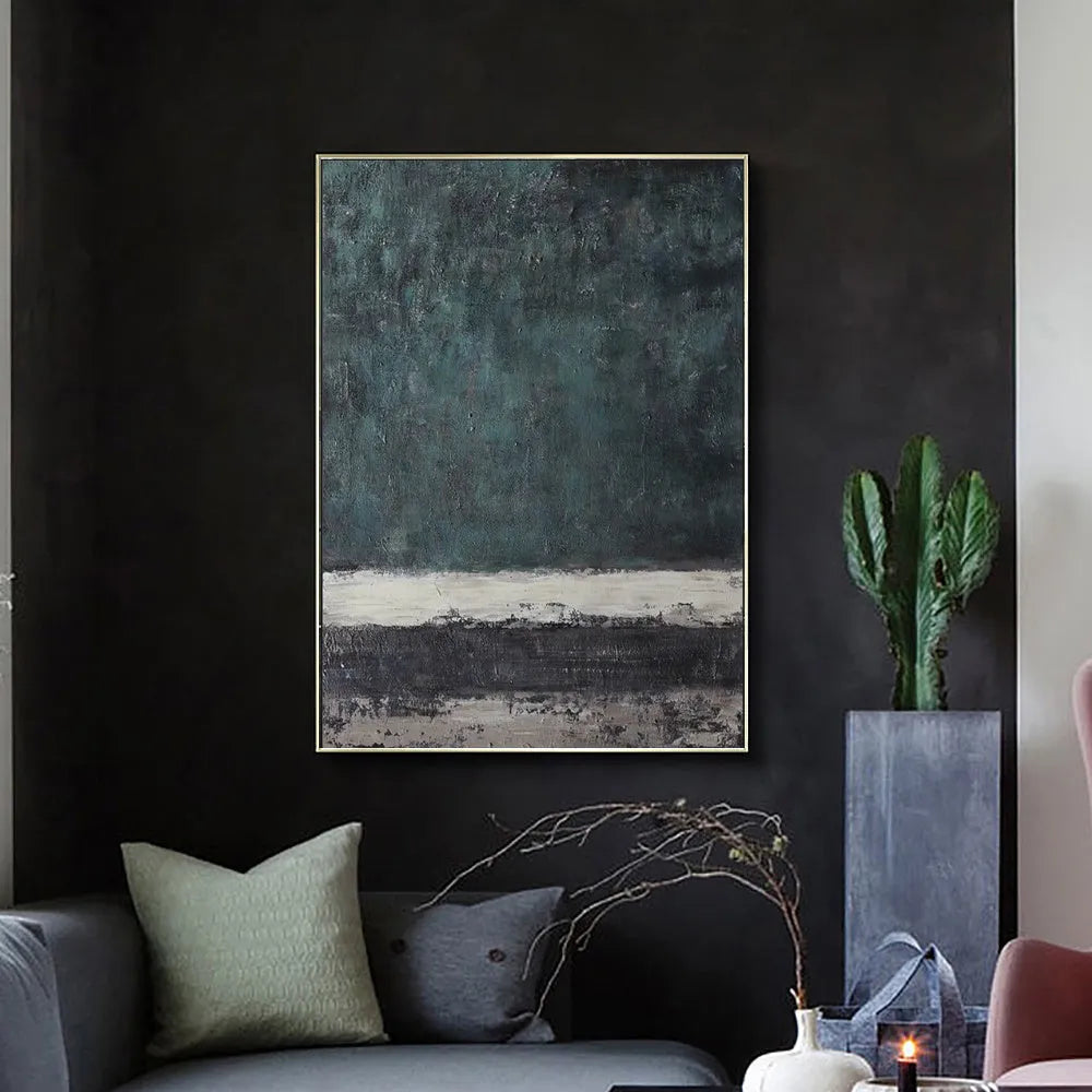 Large handmade abstract oil painting with retro green texture on vertical one-panel canvas, no frame, for living room or bedroom wall art