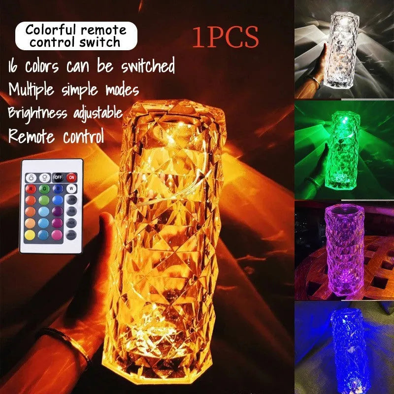 LED rose diamond table lamp with touch switch and three-colour light modes on a wooden table
