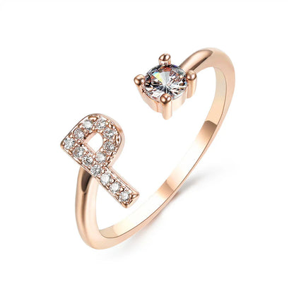 Personalized Initial Letter Crystal Ring with Adjustable Design in Gold, Silver, and Rose Gold Colors