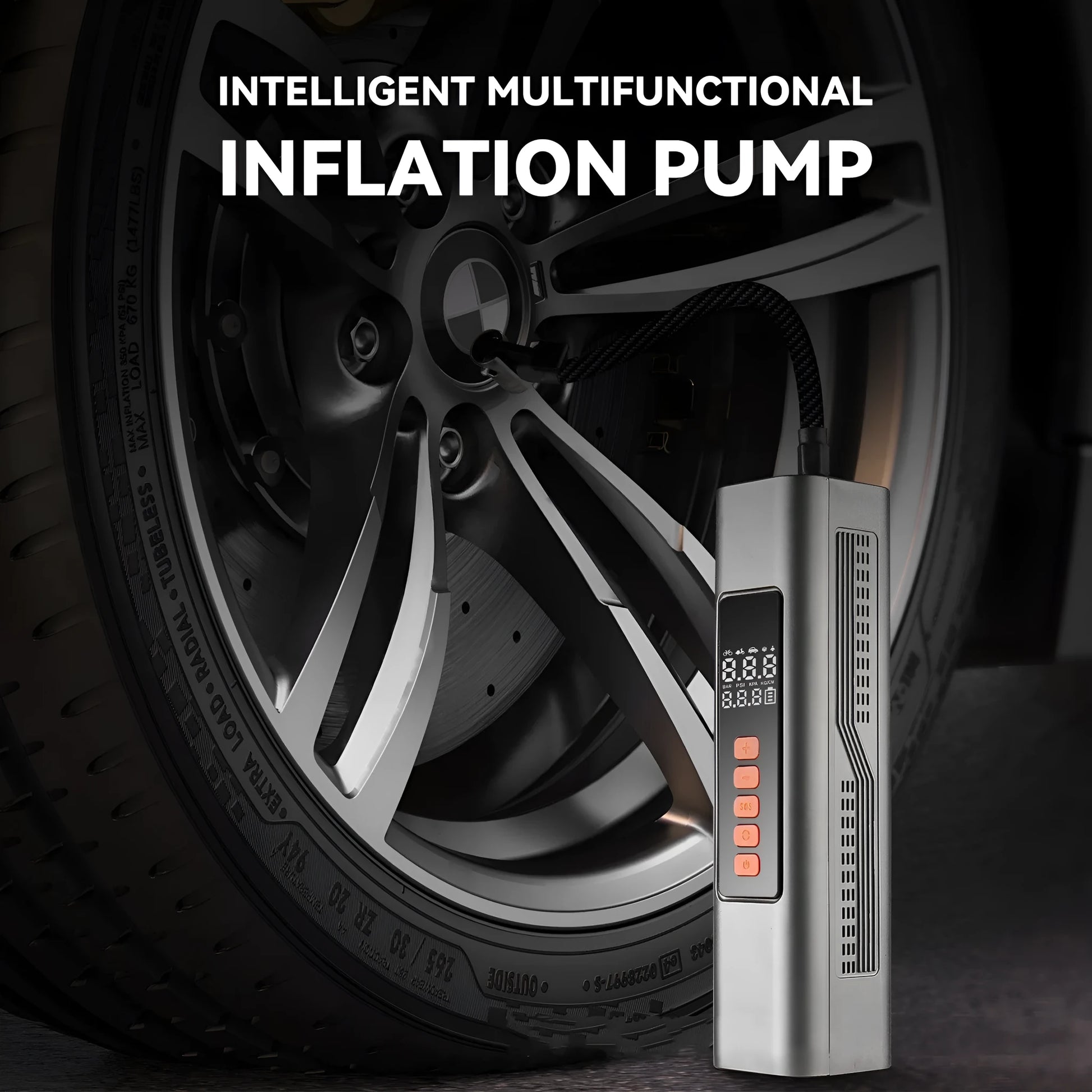Wireless electric car tyre inflator with digital display showing pressure readings and compact portable design