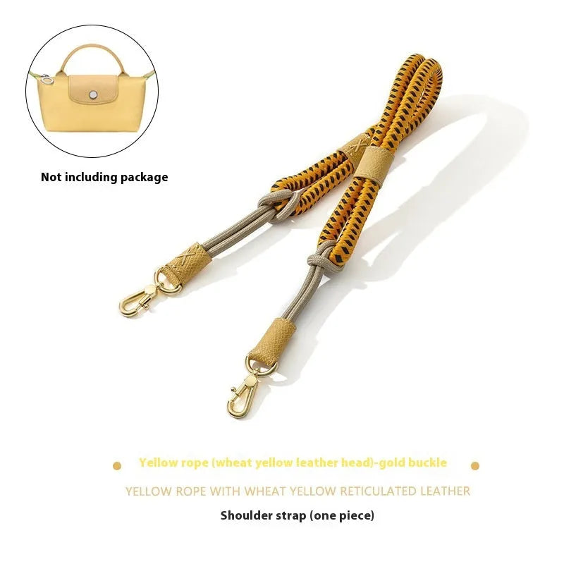 Braided rope and leather shoulder strap with a metal buckle in gold or silver finish