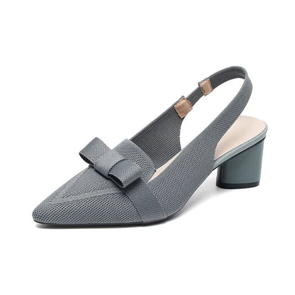 Women's closed toe high heel sandals with back strap and decorative bow in fabric uppers