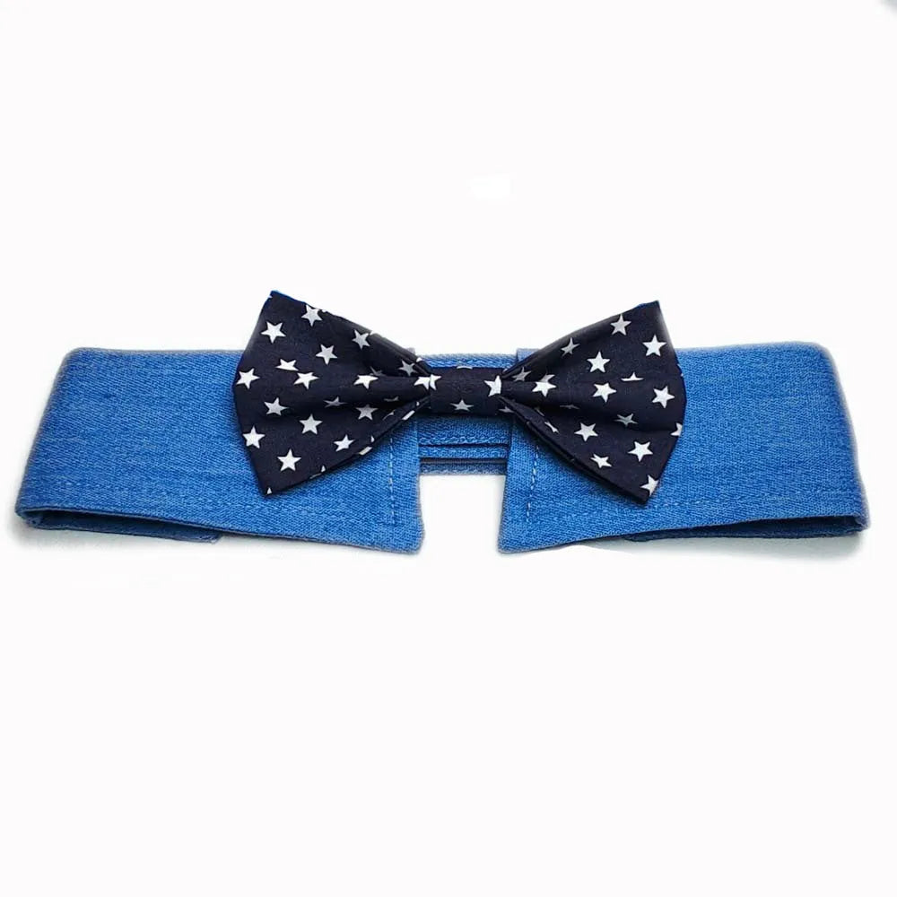 Adjustable denim pet collar with star pattern showing bow and tie styles for formal pet events