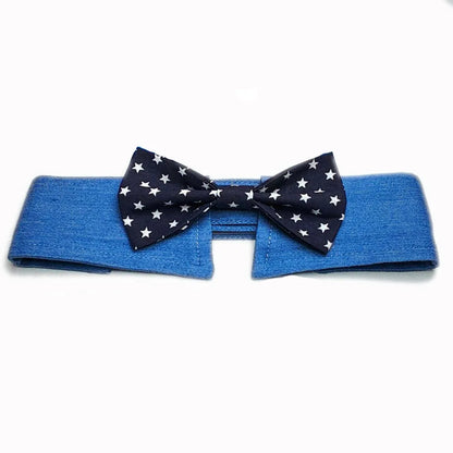 Adjustable denim pet collar with star pattern showing bow and tie styles for formal pet events