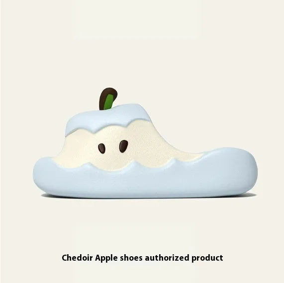 Cartoon fruit-themed EVA flip flop slippers for adults on a plain background.
