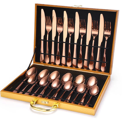 24-piece 18/10 stainless steel cutlery set in silver finish with knives, forks, spoons for six, optional wood box storage