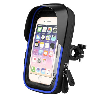 Black TPU mobile phone mount attached to a bicycle handlebar, showing phone inside with touch-through screen.