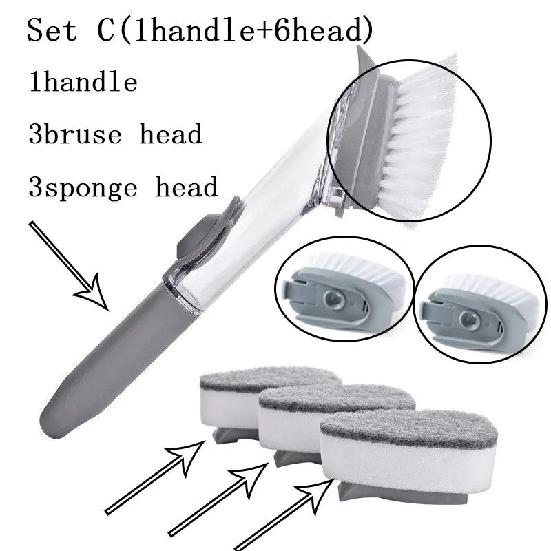 Long-handled 2-in-1 kitchen cleaning brush with removable brush head and integrated sponge