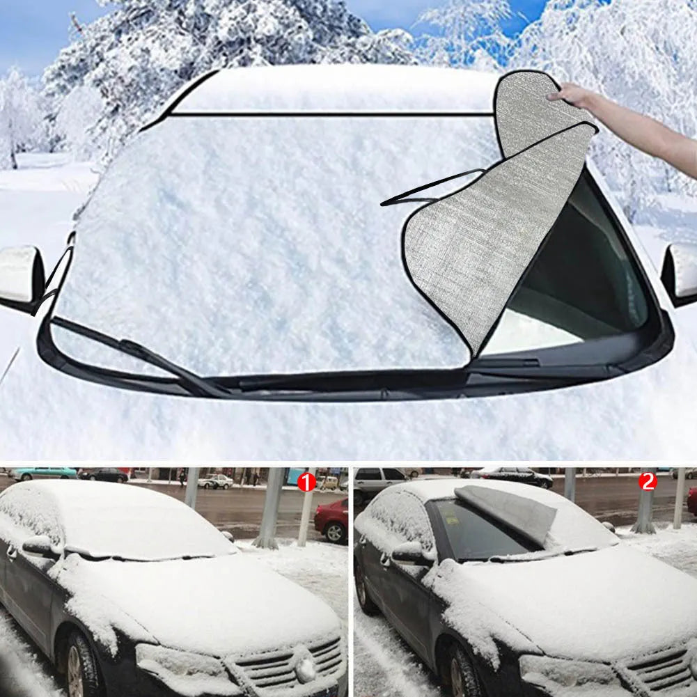 Car snow protection cover front gear with lanyard installation system for vehicle windshields
