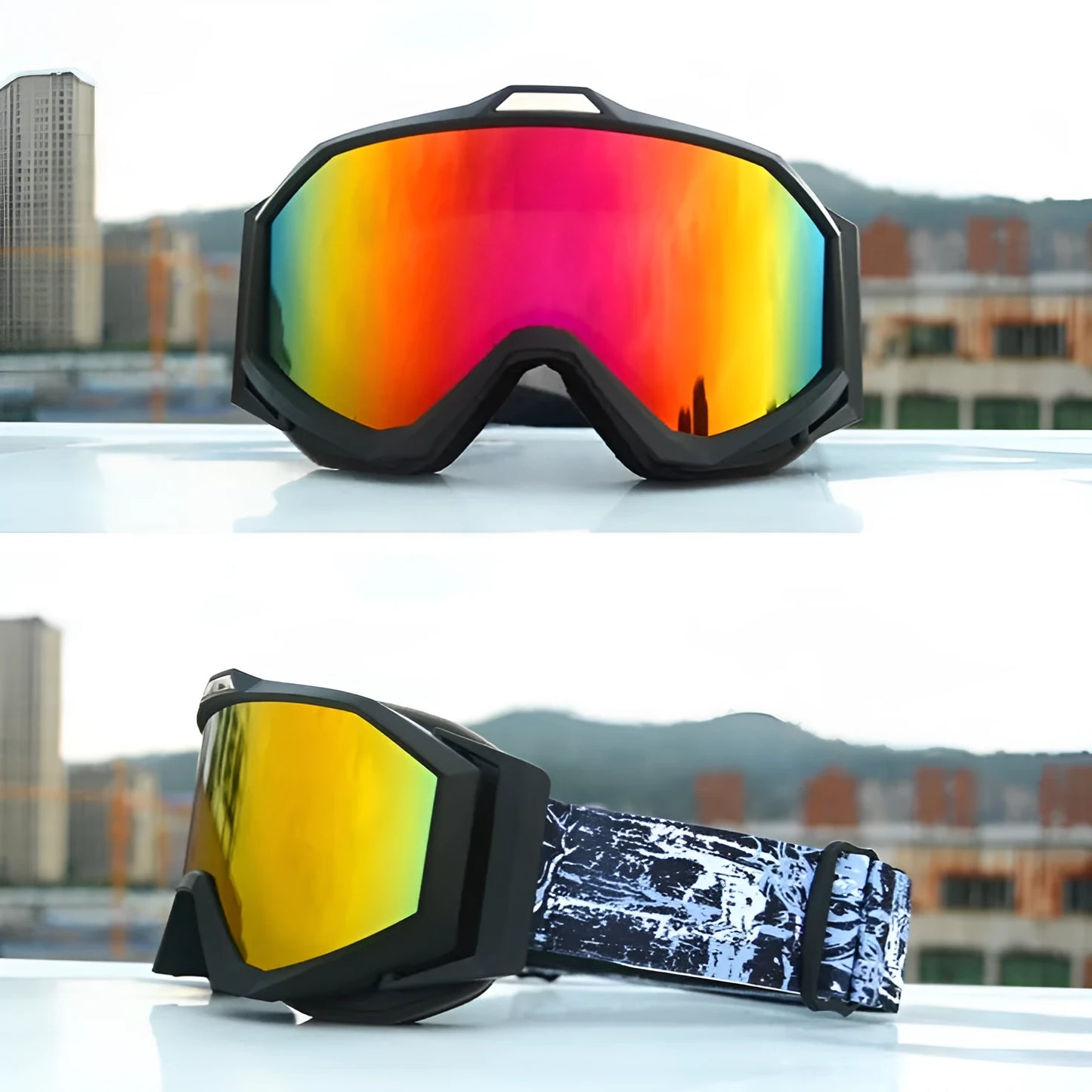 Motorcycle goggles with double-layer anti-fog lens and black TPU frame on a storage cloth bag.