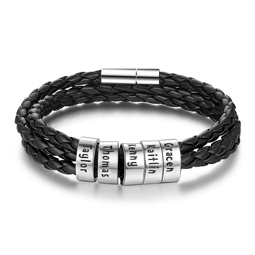 A personalized leather bracelet with engraved beads, a thoughtful gift for men