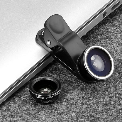 Mini smartphone camera lens clip with wide angle, macro, and fisheye lenses in multiple colours