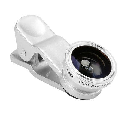 Mini smartphone camera lens clip with wide angle, macro, and fisheye lenses in multiple colours