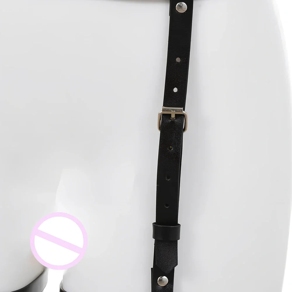 Black PU leather BDSM bondage harness set with adjustable straps and four restraint components