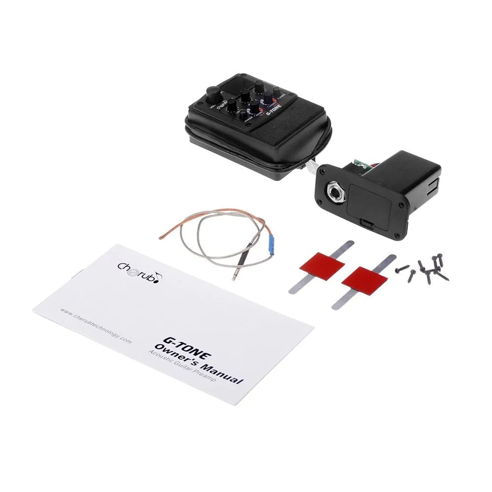 Cherub GT-6 black acoustic guitar EQ preamp pedal with piezo pickup and control knobs