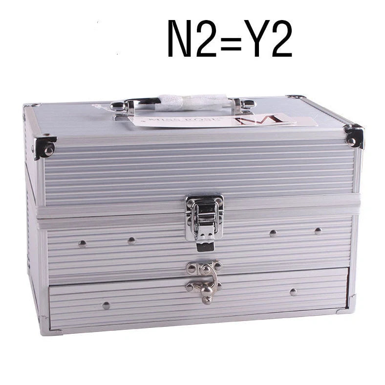 Multifunctional makeup artist kit showing 94 colour eye shadow palette with concealers, lipsticks, and application tools