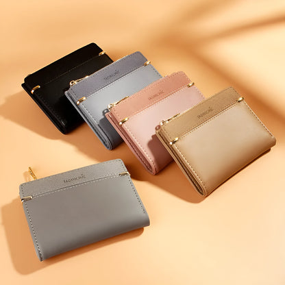 Multi card slot short zipper ladies wallet in 2-fold design with PU leather exterior showing internal compartments