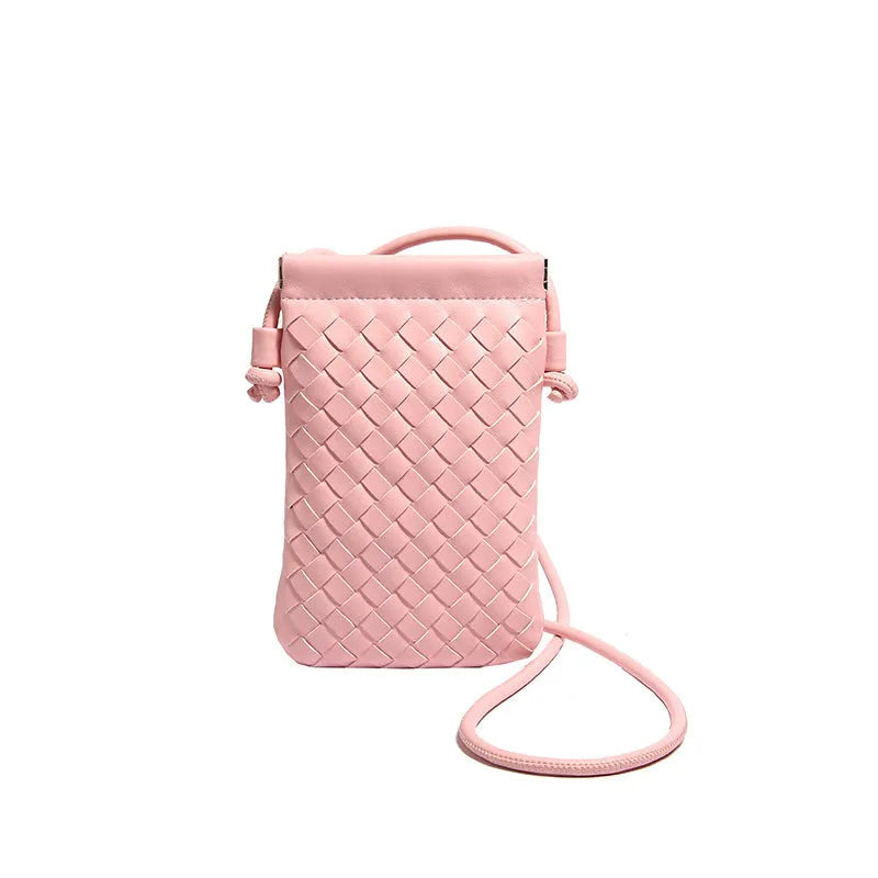 Vintage weave crossbody phone bag in pu leather showing vertical square design and dark cell interior