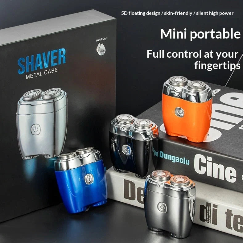 Silver portable electric shaver with floating double cutter heads, USB charging port, and rubberised grip