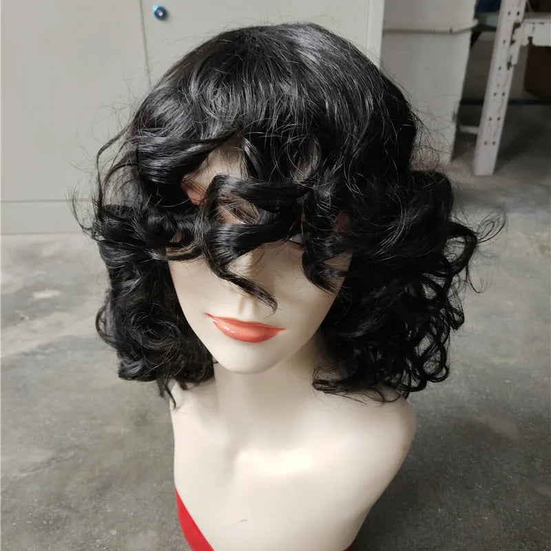 Black synthetic Afro wig with long curly texture on display stand