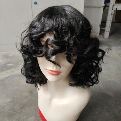 Black synthetic Afro wig with long curly texture on display stand
