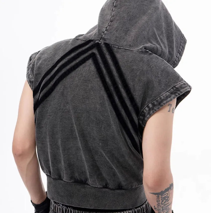 Korean style sleeveless tank top with hooded collar and zippered front paired with matching trousers