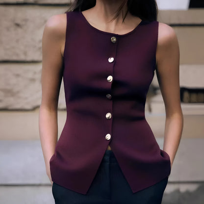 Women's dark red slim fit sleeveless sweater vest with gold buttons on a hanger.