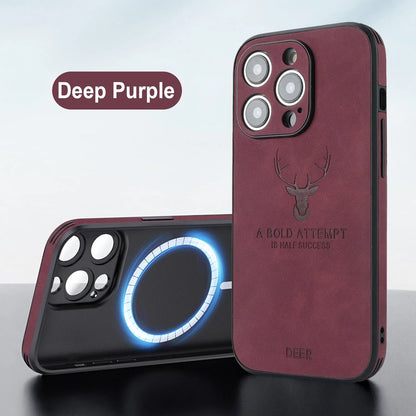 iPhone 16 magnetic charging case with a raised 3D embossed moose head pattern on a faux leather back in dark green.