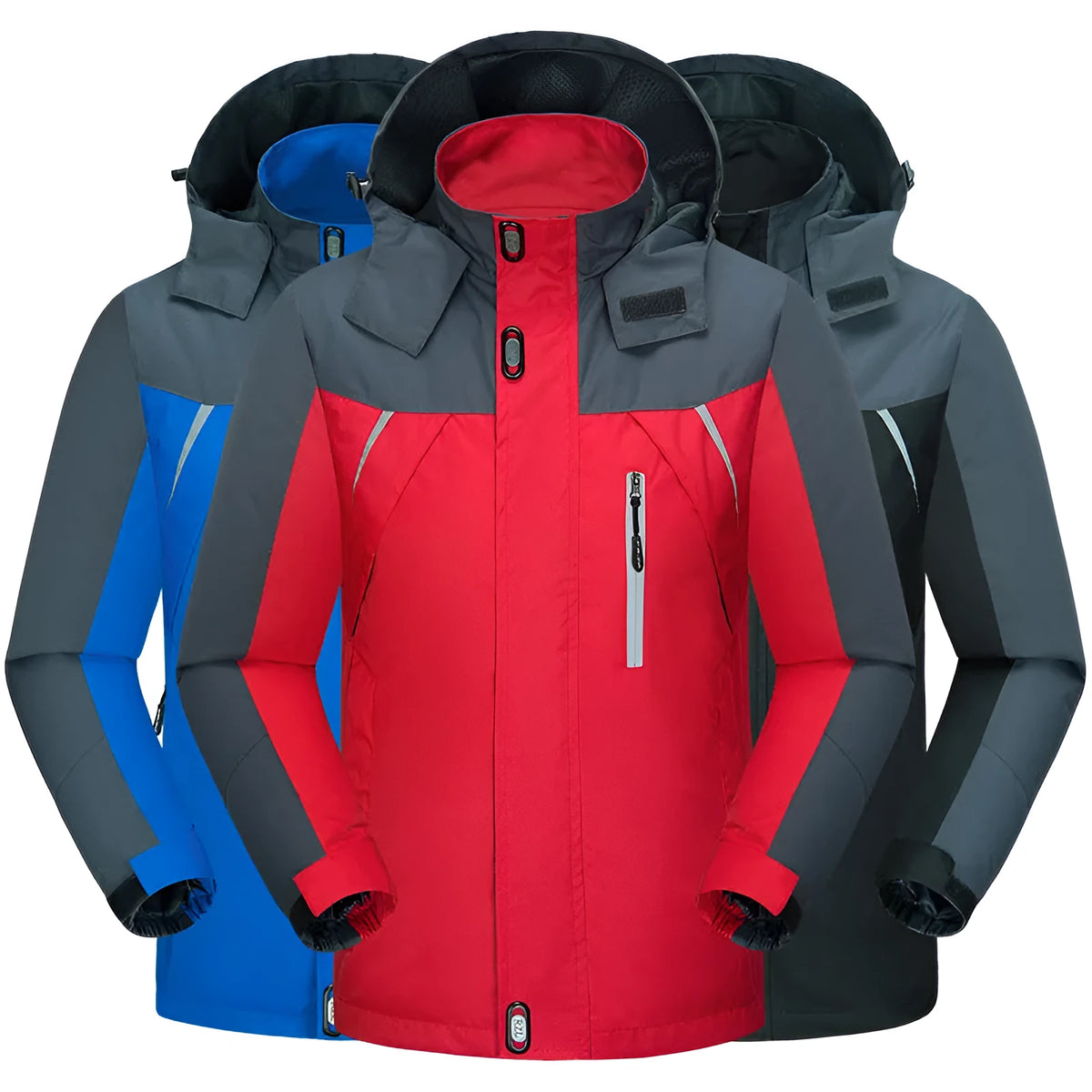 Men's waterproof breathable wear-resistant jacket, polyester fibre, velvet filling, zip front, red black blue, M-5XL