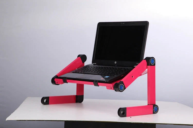 Adjustable folding laptop stand with ergonomic design and mouse pad in cool black and rose pink