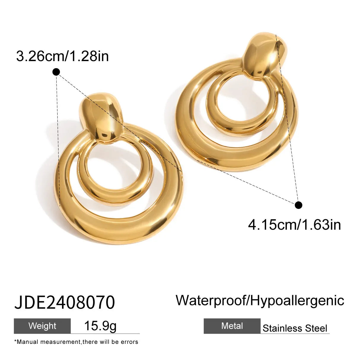 Round double layer hollow stud earrings with 18K gold electroplating on titanium steel, 12mm diameter