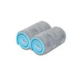 Blue flat floor mop with rotating head and microfiber pad beside plastic bucket for floor cleaning
