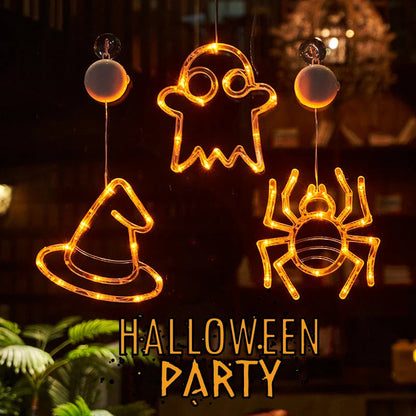 Spooky Halloween window lights featuring ghostly silhouettes, carved pumpkins, and creepy spiders for festive seasonal decor