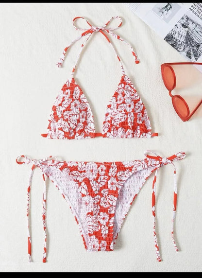 Women's floral halter swimsuit bikini set in multiple colours with brief bottoms