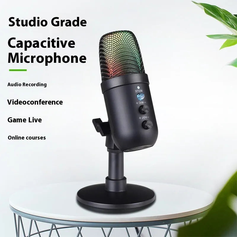 Black USB microphone with RGB lighting for computers and mobile phones.