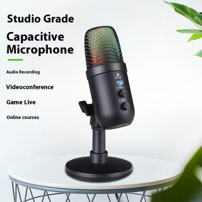 Black USB microphone with RGB lighting for computers and mobile phones.