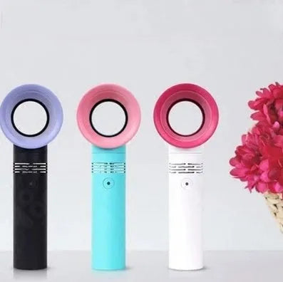 Portable bladeless fan with USB cable and base, showing compact design and bladeless airflow