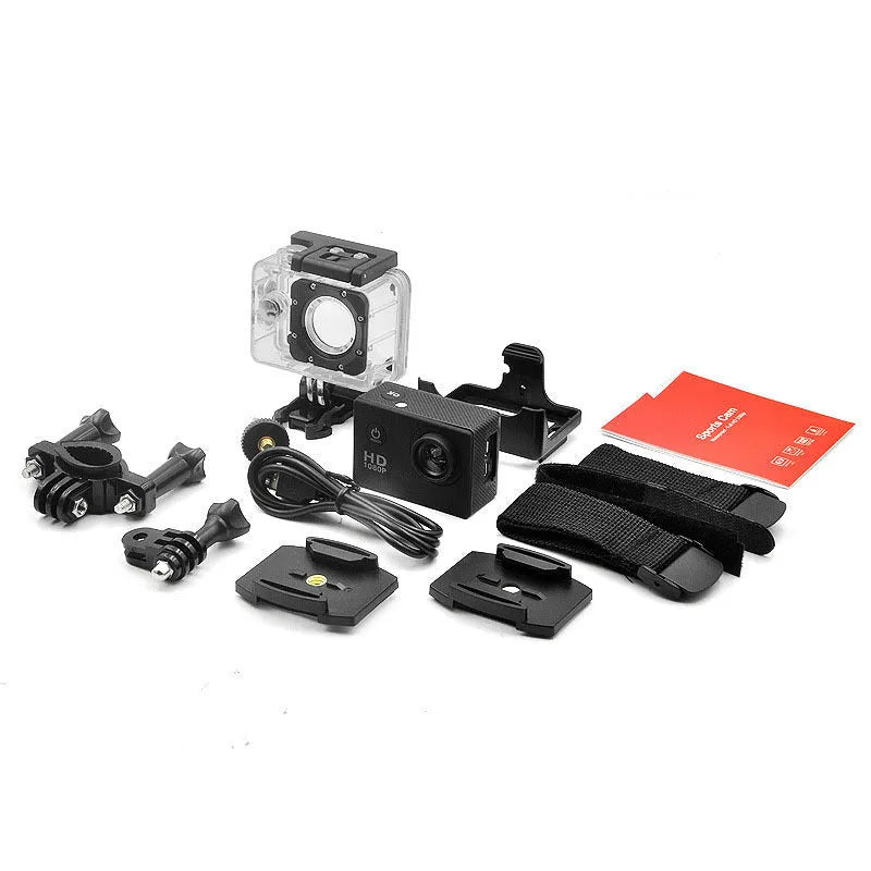 White waterproof sports camera next to its waterproof case and mounting accessory.