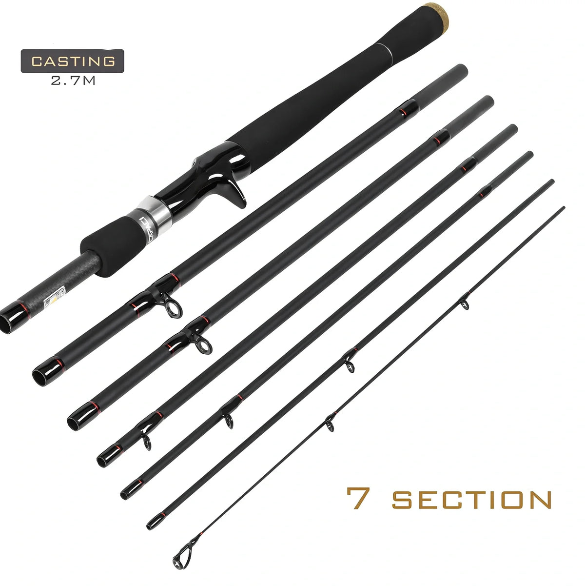 Carbon straight gun handle perch sea fishing rod showing 2.1m to 2.7m length options with multi-section design