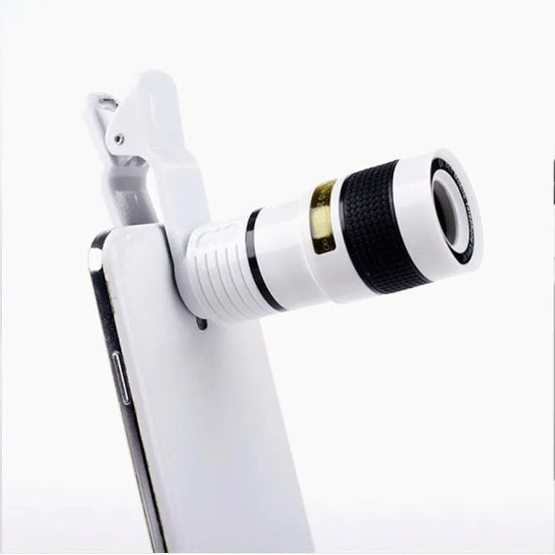 12X magnification black phone telescope lens extended next to a smartphone with mounting clip